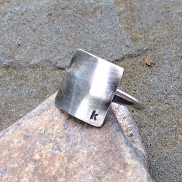 Sterling silver initial ring, Hand stamped, Personalized ring, Square ring