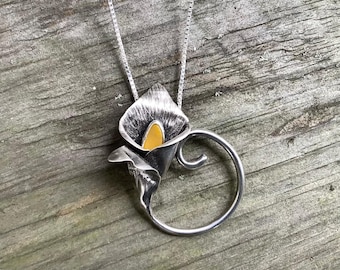 Sea glass jewelry,  Mustard yellow sea glass and sterling silver hand formed calla lily flower necklace