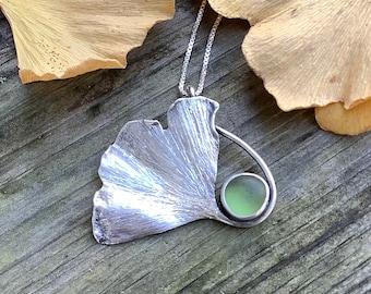 Sea glass jewelry, Sea glass necklace, Hand crafted sterling silver ginkgo leaf and olive green sea glass necklace