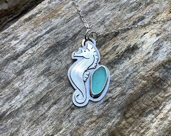 Sea glass jewelry,  Hand cut sterling silver sea horse and bezel set aqua green sea glass necklace