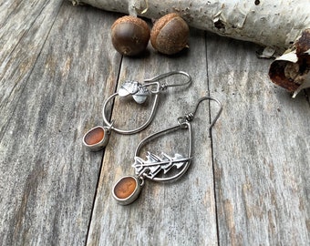 Sea glass jewelry,  Sea glass earrings, Golden brown sea glass and hand formed sterling silver oak leaf and acorn teardrop earrings