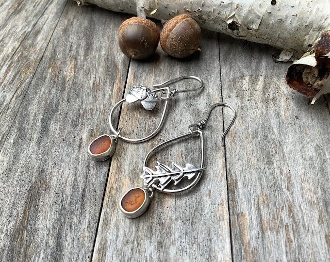Featured listing image: Sea glass jewelry,  Sea glass earrings, Golden brown sea glass and hand formed sterling silver oak leaf and acorn teardrop earrings
