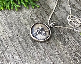 Sterling silver jewelry,  Botanical fine silver hand formed circle necklace