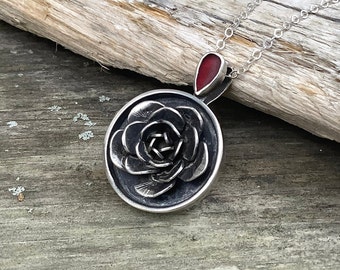 Sea glass jewelry, Sea glass necklace, Red sea glass and hand formed sterling silver rose pendant necklace