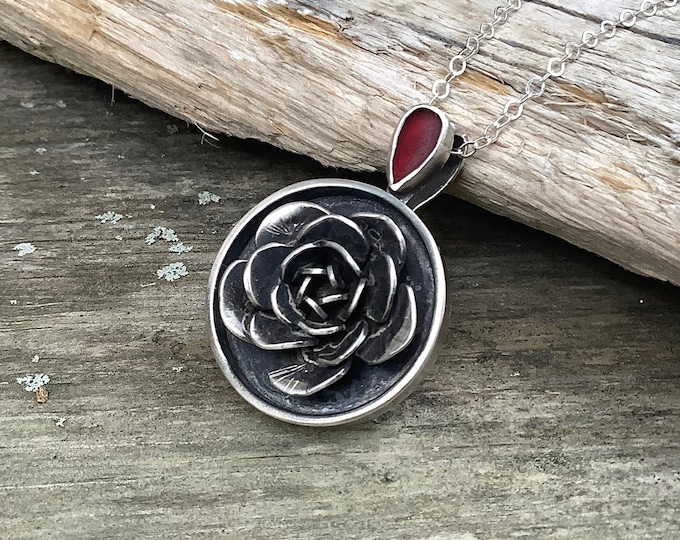 Featured listing image: Sea glass jewelry, Sea glass necklace, Red sea glass and hand formed sterling silver rose pendant necklace