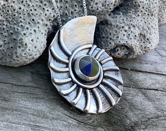 Sea glass jewelry,  Sea glass necklace,  Hand formed nautilus shell and mini sea glass marble pendant necklace