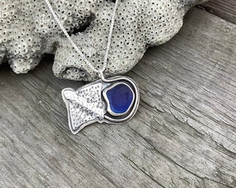 Sea glass jewelry, Sea glass necklace, Blue multi colored sea glass and hand sawn eagle ray pendant necklace