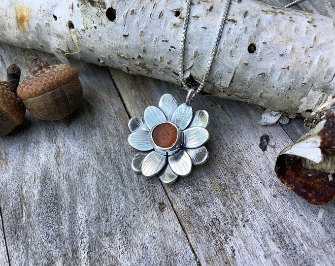 Featured listing image: Sea glass jewelry,  Sea glass necklace,  Bezel set brown sea glass and sterling silver flower necklace