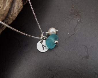 Sea glass jewelry,  Personalized blue sea glass initial necklace with swarovski pearl