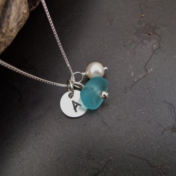 Sea glass jewelry,  Personalized blue sea glass initial necklace with swarovski pearl