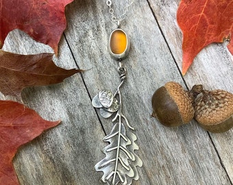 Sea glass jewelry,  Sea glass necklace,  Brown sea glass and sterling silver hand formed acorn and oak leaf necklace