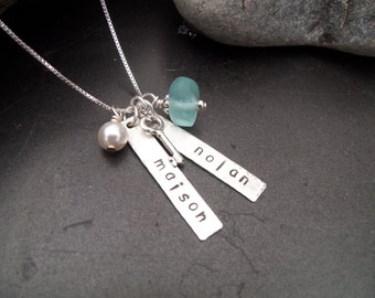 Sea glass jewelry,  Personalized mother's necklace with blue sea glass nugget, pearl and key charm