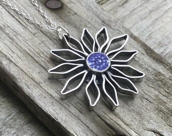 Sea glass jewelry, Sea glass necklace, Sea pottery and sterling silver daisy necklace
