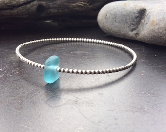 Sea glass jewelry, Sterling silver beaded bangle bracelet with sea glass accent