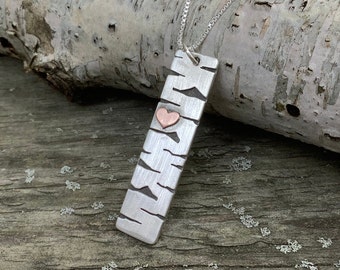 Sterling silver necklace, Sterling silver birch tree necklace, Birch bark and heart necklace