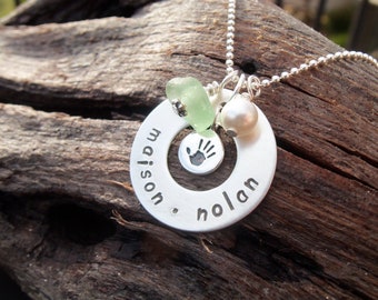 Sea glass jewelry,  Personalized Mothers necklace with seafoam green sea glass, handprint and pearl