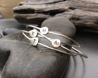 Sterling silver initial bracelet,  Personalized hand stamped inital bangle bracelet