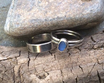 Sea glass jewelry, Sea glass solitaire stackable sterling silver ring set