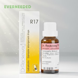 Può includere: Una bottiglia di medicina omeopatica Dr. Reckeweg R17 con tappo bianco e scatola gialla e bianca. La scatola e la bottiglia contengono testo in inglese e tedesco. Il prodotto è per gocce di ingrossamento ghiandolare.