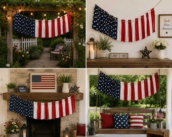 Patriotic Fabric Tassel Garland, Red White Blue Banner Decor, Americana Fourth of July Garland, USA Party Bunting, Farmhouse Patriotic Decor