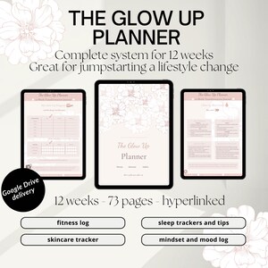 Peut inclure: Le planificateur Glow Up, téléchargement numérique, un système complet pour 12 semaines. Le planificateur comprend des journaux de fitness, de soins de la peau, de sommeil et d'état d'esprit. 73 pages hyperliées, livraison Google Drive.