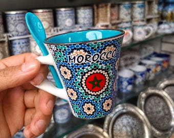 Taza de café marroquí con cuchara, taza de cerámica con mosaico hecha a mano, recuerdo de Marruecos, taza con estampado bereber, regalo único.