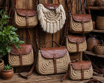 Boho Straw Crossbody Bag, Moroccan Raffia Purse, Handmade Woven Leather Bag, Festival Shoulder Handbag Gift