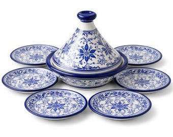 Juego de tagine marroquí pintado a mano con platos, fuente de cerámica para servir, decoración de cocina bohemia