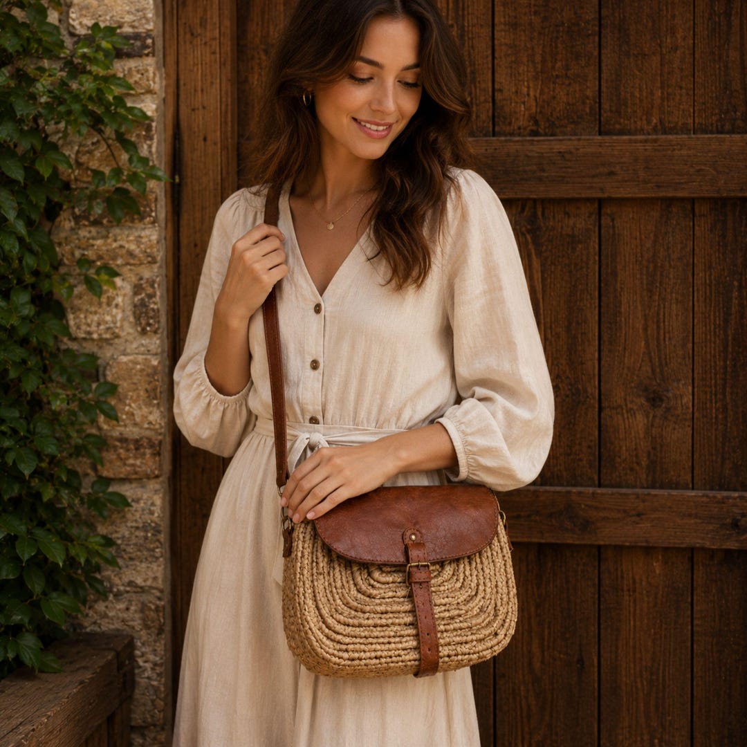 Boho Straw Crossbody Bag, Moroccan Raffia Purse, Handmade Woven Leather ...