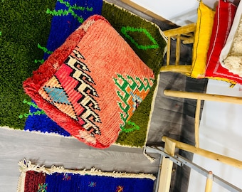 Marokkaanse poef wollen kelim, handgemaakt berber vloerkussen, boho poef voetenbank, vierkante Marokkaanse poef decor