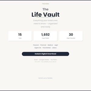Life Vault: End of Life Planner, Estate Planning Spreadsheet (Excel, Google Sheets)