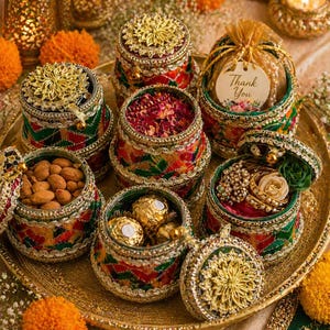 May include: A collection of decorative, ornate boxes filled with various items, including almonds, chocolates, and dried flowers. The boxes are arranged on a gold tray and feature intricate patterns in red, green, and gold. Some boxes have gold floral lids.