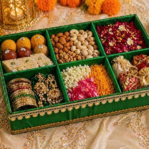 May include: A green velvet box divided into sections, containing an assortment of items. The box is filled with sweets, nuts, dried flowers, and small decorative pouches. Gold bangles and jewellery are also present. The box is trimmed with gold.