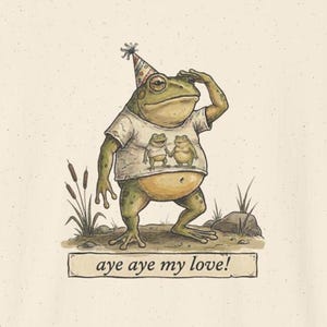 May include: Illustration of a green frog wearing a party hat and a white t-shirt with two frog illustrations. The frog is standing and has one hand on its forehead. The text "aye aye my love!" is below the frog.