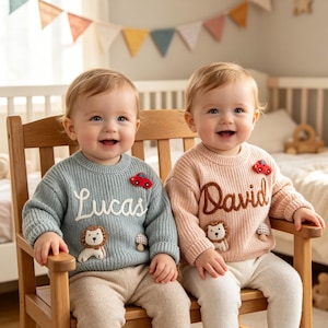 May include: Two babies wearing personalized sweaters. One sweater is light blue with the name "Lucas" embroidered in white, a red car, a lion, and a mushroom. The other sweater is pink with the name "David", a red car, a lion, and a mushroom.