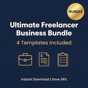 May include: A navy blue graphic with the text "Ultimate Freelancer Business Bundle" and "4 Templates Included." Gold icons of a briefcase, document, and clipboard are featured. A gold "BUNDLE" seal is in the upper right.