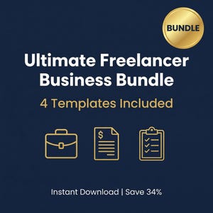 May include: A navy blue graphic with the text "Ultimate Freelancer Business Bundle" and "4 Templates Included." Gold icons of a briefcase, document, and clipboard are featured. A gold "BUNDLE" seal is in the upper right.