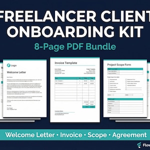 Pode incluir: Um pacote de produtos digitais intitulado "Freelancer Client Onboarding Kit" com um PDF de 8 páginas. O kit inclui uma carta de boas-vindas, um modelo de fatura e um formulário de escopo do projeto. O design apresenta um esquema de cores turquesa e branco sobre um fundo azul escuro.
