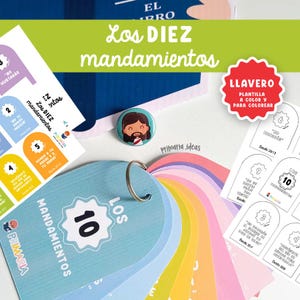 May include: A collection of colorful educational materials featuring the text "Los DIEZ mandamientos" (The Ten Commandments). Includes a button with a Jesus illustration, a keychain template, and a ring of cards with numbers and text.