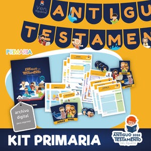 May include: A collection of educational materials with the text "ANTIGUO TESTAMENTO" and "KIT PRIMARIA". The image includes a banner, a book, printed sheets, stickers, and a digital file label. The color scheme is primarily blue and yellow.