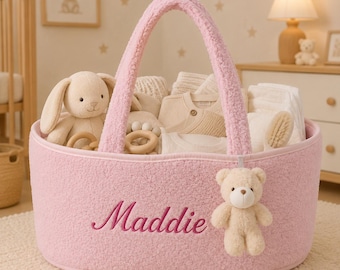 Personalized Teddy Fabric Baby Gift Basket, Embroidered Name Nursery Storage