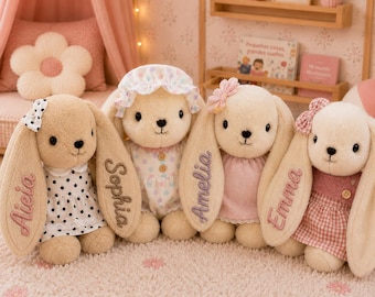 Personalized Plush Bunny with 3D Yarn Name, Soft Cuddly Keepsake Toy