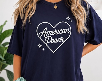 American Power Heart Graphic Tee, Retro 4. Juli Shirt
