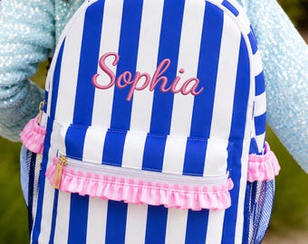 Personalized children's backpack with name, school backpack with color blocks, birthday gift for girl, striped backpack