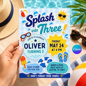 May include: A rectangular birthday invitation card with a light blue gingham background. The text reads Splash into Three, Oliver Turning 3, Friday May 24 at 4 PM, and Aiden's Pool 200 E 45th St, Austin, TX 10017. Graphics include a sun, ball, and flip-flops.