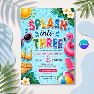 May include: A pool party invitation card featuring the text SPLASH into THREE, Livia turning three, July 25, 3:00 PM, 123 Summer Rd, Sunnyville, USA 12345, RSVP to Megan 123.456.7890. Includes a sun, sunglasses, bikini, flamingo float, popsicle, and beach ball.