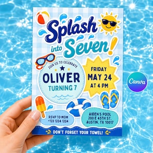 Editable Splash Into Seven Invitation, 7th Birthday Pool Party Invite Boy, Blue Summer Swim Party, Canva Template, Instant Download, 5x7