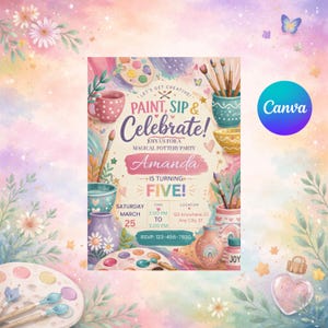 Plantilla de invitación para fiesta de pintura de 5º cumpleaños / Invitación para taller de cerámica infantil (Descarga digital)