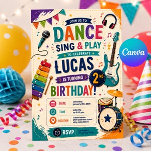Op de afbeelding: Een kleurrijke verjaardagsuitnodiging met de tekst "Doe mee om te dansen, zingen en spelen om Lucas' 2e verjaardag te vieren!" De uitnodiging bevat muziekinstrumenten, datum, tijd, locatie en RSVP-informatie. Het ontwerp heeft een levendig kleurenschema.