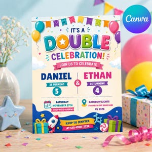 May include: A vibrant invitation for a joint birthday party. The design includes the text "It's a Double Celebration!" with the names Daniel and Ethan, aged 5 and 4. The invitation also has event details and RSVP information.